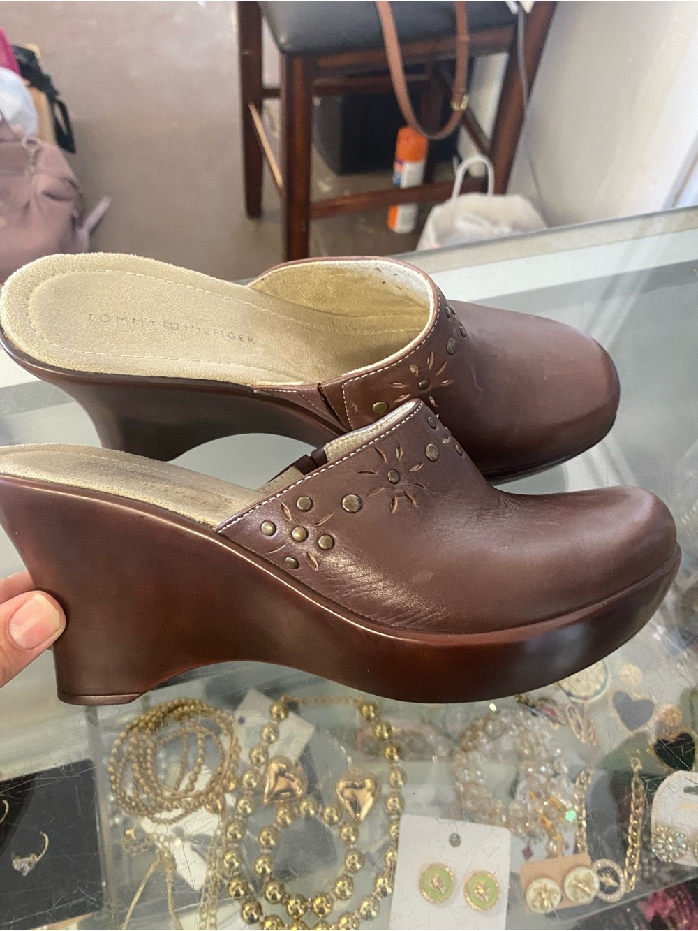 Tommy Hilfiger Brown Leather Wedge Mules with Stud Detail